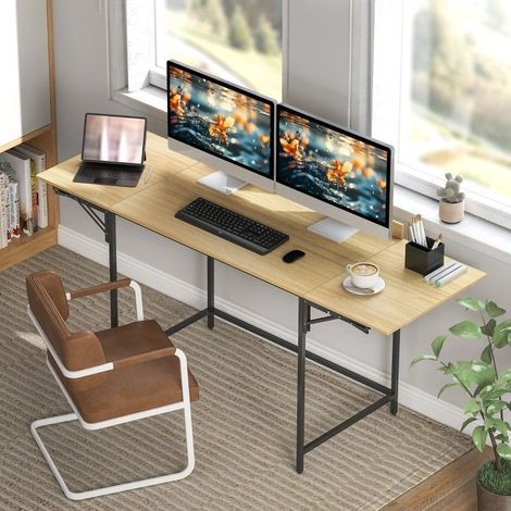 Bureau informatique pliable 170x58x78 cm chêne et noir avec extensions, grand espace de travail et pieds métal (1/5)