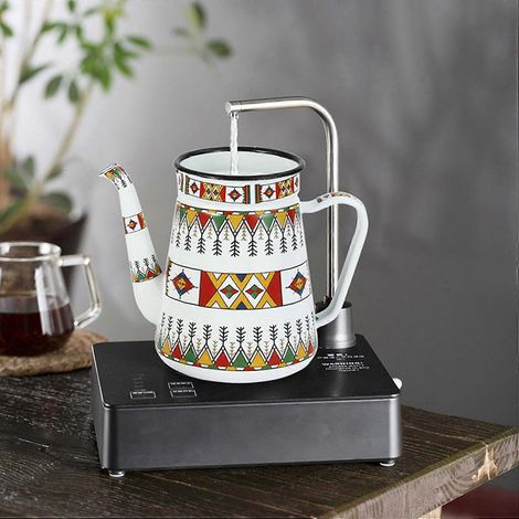 Cafetière en émail de 1,2 L, permettant de verser de l'eau, de faire infuser du lait et de préparer de l'eau compatible avec les cuisinières à gaz et les plaques à induction. (1/5)