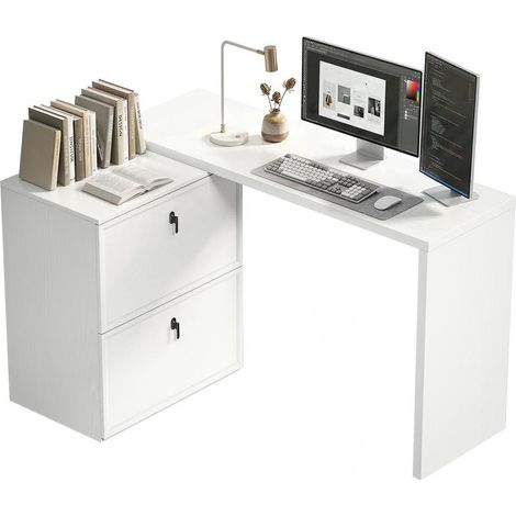 Bureau d'angle en L blanc réversible avec 2 tiroirs de classement, idéal petits espaces design fonctionnel