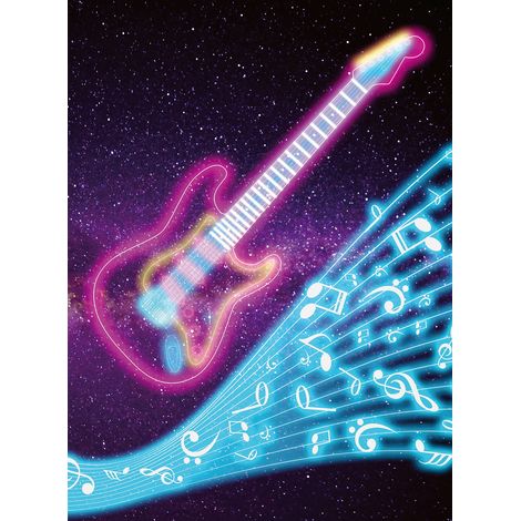 Papier peint panoramique chambre enfant guitare néon | Tapisserie panoramique musique bleu & rose | Papier peint panoramique chambre ado - 192 X 260 cm (4 pièces) (1/2)