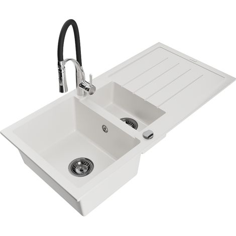 Mexen Andres évier granite 1,5 bac avec égouttoir et robinet de cuisine Aster, blanc - 6515-20-73450-07-B (1/5)