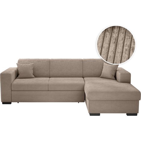 Loungitude – Canapé d'angle convertible FUJI XL avec coffre en velours côtelé – Angle droit – Confort optimal pour couchage d'appoint – Taupe (1/5)
