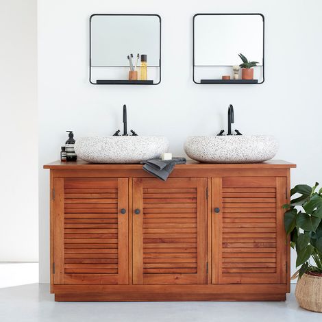 Berah Getah – Meuble sous vasque en acajou massif 142 cm – 3 placards et 2 étagères – Ouvert à l'arrière pour robinetterie – Poids supporté 120 kg (1/5)