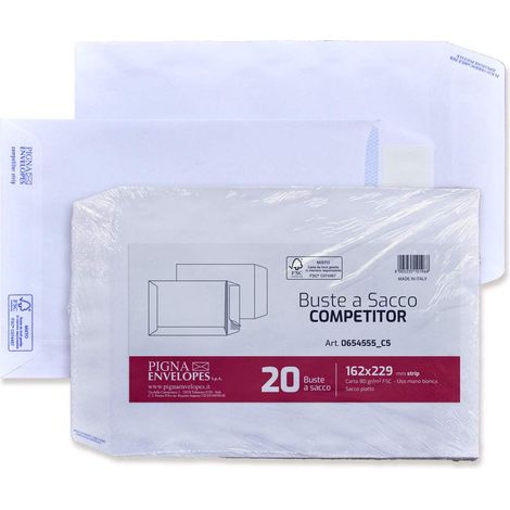 Pigna Envelopes Flache Beutel mit Streifen 16x23 cm, Weißes Papier 80 g/m², Packung mit 20 (1/2)