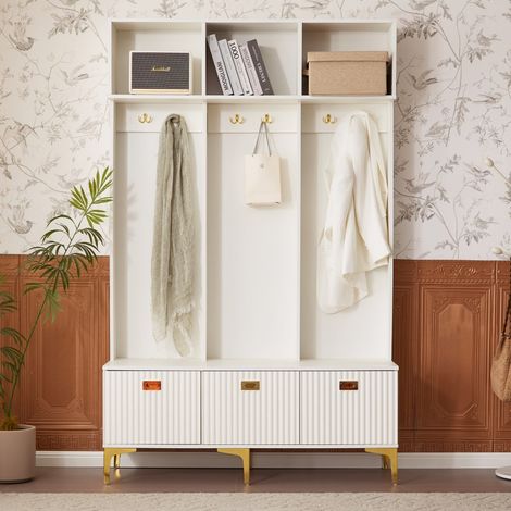 Ensemble de meubles d'entrée - Banc-rangement multifonction - Structure ouverte - 6 crochets - Pieds dorés - L120 P40 H191.5 cm (1/5)
