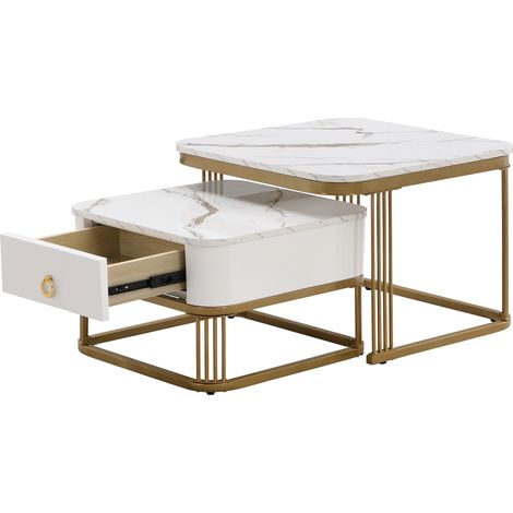 Set de 2 mesas de centro apilables efecto mármol blanco y oro con cajón (1/5)