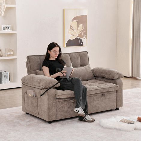 Canapé convertible 3 en 1, 142 cm, dossier inclinable 5 positions, rangements, poches, porte-gobelets et support téléphone 360° - Marron (1/5)