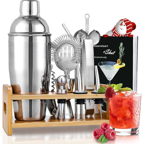 Coffret à cocktails - Kit de préparation de cocktails - 15 pièces, compatible lave-vaisselle, avec support en bambou, pour bar et cuisine, noir (1/5)