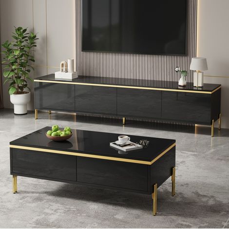 Mueble TV y mesa de centro negro brillante, patas de metal, almacenaje DESVIAE (1/5)