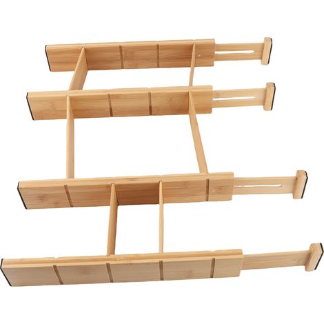 Séparateurs de Rangement en Bambou pour Tiroirs 4 Diviseurs avec 6 ou 9 Inserts Adjustable 32.5-56cm Organisation Intérieure Multifonction Cuisine Chambre Bureau (1/5)