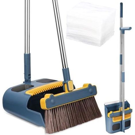 Pelle et Balayette Long Manche, Balai et Pelle Ensemble avec 30 pièces de Papier de dépoussiérage électrostatique, Rotatif à 180 Degrés de Balai pour Intérieur, Cuisine, Jardin (Bleu-Orange) (1/5)