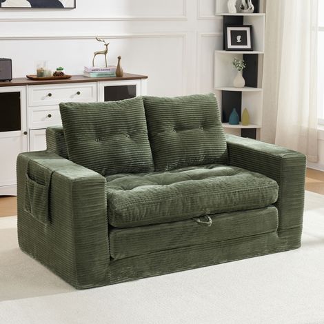 Canapé convertible 2 places 140x85x67 cm, idéal pour s’allonger et s’asseoir, accoudoirs larges avec poches latérales, velours côtelé, Vert (1/5)