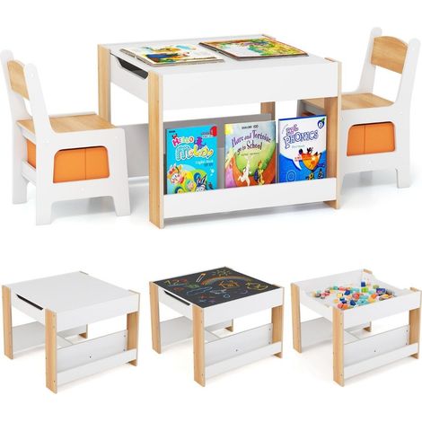 Mesa infantil con 2 sillas y mesa para ninos tablero y mesa reversibles estanteria grupo de asientos infantiles de 3 piezas natural (1/5)