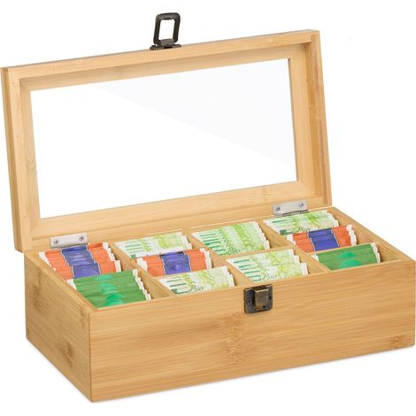 Relaxdays Tea Box, 10 Compartments, Bamboo Storage, Viewing Window, Removable Dividers, HWD: 10 x 29.5 x 17 cm, Natural (1/5)