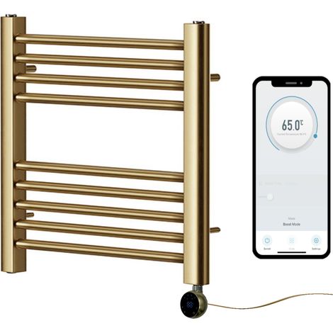 York Brushed Brass WiFi Controlled Electric Heated Straight Towel Rail 400mm W x 800mm H (1/2)