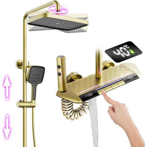 Columna Ducha Termostatica LED Pantalla Digital Grifo De Ducha Con Tecla De Piano Sistema De Ducha Con Rociador Ducha, Ducha De Mano, Ducha Bidé, Grifo De Bañera, Montada En La Pared, Oro Cepillado (1/5)