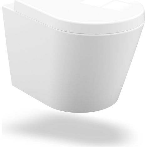 WC Suspendu Sans Bride, Ensemble WC Suspendu En CéRamique Avec Abattant Amovible à Fermeture Ralentie Et SystèMe De Chasse D'Eau Performant, Forme En D, Longueur 51 cm, Blanc (1/5)