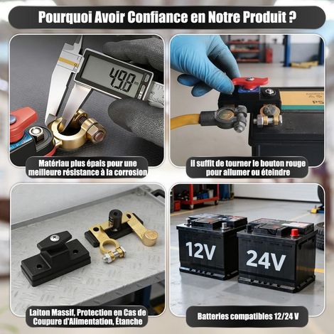 Coupe Circuit Batterie Voiture 12V-24V, Interrupteur de Batterie en Cuivre Pur Réglable, Moto, Camion, Camping Car, Bateau, Tracteur (1/2)