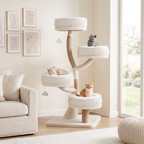 Arbre à chat beige en bois de 132 cm avec 4 plateformes, poteaux sisal et base large pour salon, chambre et appartement (1/4)