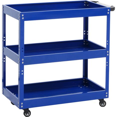 Chariot à outils HWC-M25, chariot d'atelier chariot de transport, roulettes poignée 3 plateaux, acier 73x73x36cm bleu