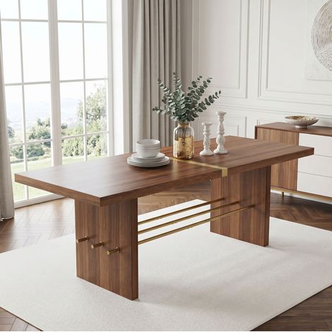 Table à manger 180x75 cm pour 6 à 8 personnes, plateau épais 4 cm, structure stable, MDF coloris noyer et or (1/5)