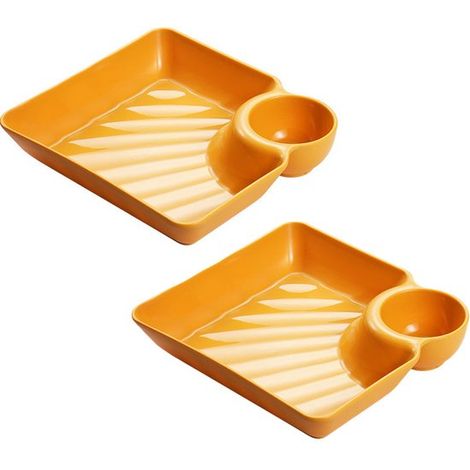 Plato de servir de 2 piezas con separadores de salsa, Plástico, 18,3 x 17 x 4 cm, nuggets de pollo, dumplings, sushi y patatas fritas, Naranja (1/5)