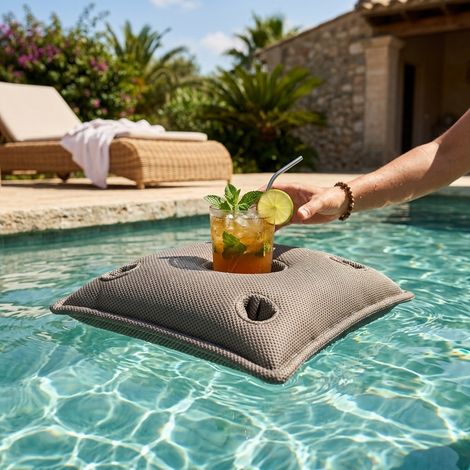 Soo Santaï Cuscino bar Pool Party, 75x75x25 cm, con 4 pozzetti per bicchieri e 1 pozzetto per bottiglie, resistente ai raggi UV, grigio, se