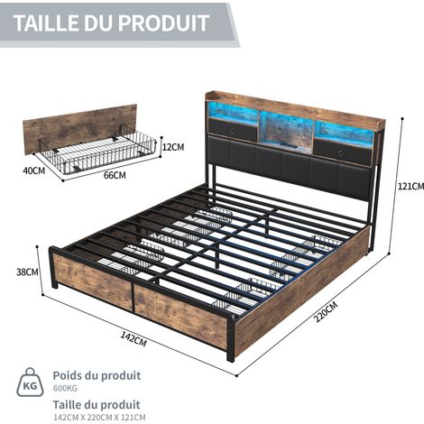 Dans Les Nuages – Lit double 140x200 cm avec 4 tiroirs – Tête de lit LED avec ports USB – Similicuir capitonné – Sommier à lattes en bois – Style industriel vintage