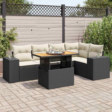 Ensemble Salon Jardin 6 Places Résine Tressée Noir avec Coussins Crème - Table Réglable, Rangement Intégré et Design Modulaire (1/5)