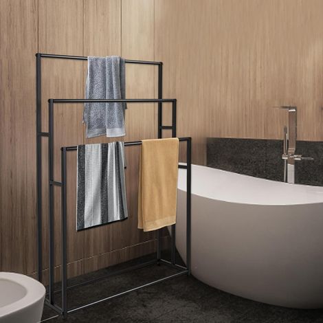 Grand porte-serviettes autoportant à 3 niveaux - Porte-serviettes surdimensionné pour sécher les serviettes de bain pour chambre à coucher, salle de bain ou piscine (noir) (1/5)