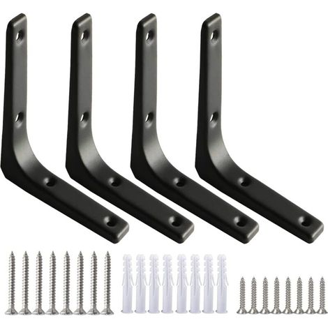 ZOLGINAH 4Pcs Equerre Etagere Murale Noire Equerre Charge Lourde Equerre Fixation 100 x 100mm Support d'Étagère en L Robuste Épaisseur 7,5mm avec Vis pour Étagère Suspendus Placard Déco(Acier)