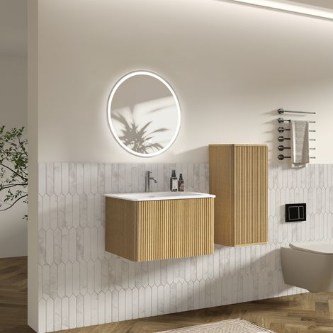 Ensemble meuble salle de bain vasque miroir LED, meuble bas suspendu 60 cm, miroir rond, colonne latérale, coloris chêne (1/5)