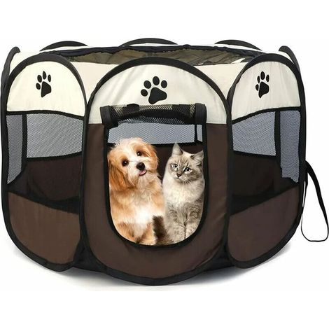 Welpenlaufstall, faltbares Stoffzelt für Haustiere, geeignet für Welpen, Katzen, Kaninchen, Schweine, als Laufstall, Käfig oder Hundehütte – Braun 737343 cm (1/5)