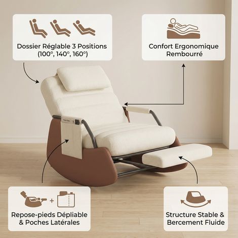 Rocking chair avec repose-pieds pliable, Fauteuil à bascule et chaise de relaxation, dossier réglable à 3 positions, velours côtelé, style moderne, beige