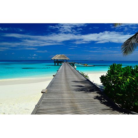 Papier peint panoramique paysage paradisiaque turquoise Tapisserie panoramique mer bleu avec ponton bois Papier peint panoramique pour escalier (1/2)