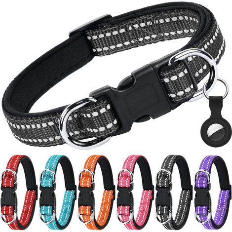 Klassisches, verstellbares, reflektierendes Hundehalsband, weich gepolstertes, atmungsaktives Mesh-Nylon, inklusive AirTag-Etui, Schwarz-M, gestreift, Unisex, für alle Altersgruppen, kleine, mittlere, (1/4)