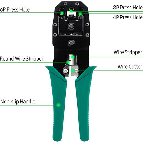 Kit de prueba de cables de red que incluye pelacables, comprobador de cables, alicates de corte, conector modular y bolsa de almacenamiento. Kit de instalación de red con bridas para cables. (1/2)