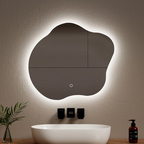 EMKE Miroir lumineux de salle de bain Rétro-éclairage LED, Miroir au design irrégulier, Interrupteur Tactile Anti-buée 3 Couleurs de lumières Dimmable - 50 x 45 cm