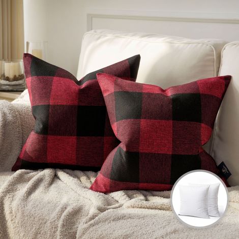 Coussin Décoratif - Motif Échiquier Buffalo - 45 x 45 cm - Rouge et Noir - Lot de 2 (1/5)