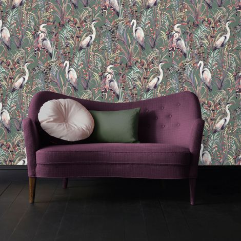 Papier peint intissé Héron tropical 1005 x 52cm Vert, rose, ocre