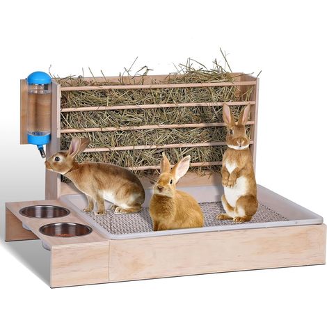 Large Hay Rack 4 in 1 Wooden Rabbit Food Dispenser with Cat Litter Tray Water Bottle Hamster Food Dispenser (1/5)