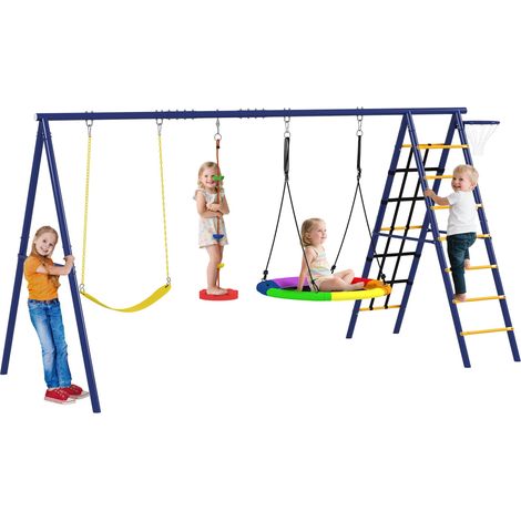 Aire de jeux pour enfants de 3 à 8 ans avec 3 balançoires, une échelle de corde et un panier de basket, en acier, PE et PP, 3,5 x 1,8 x 2 m (1/5)