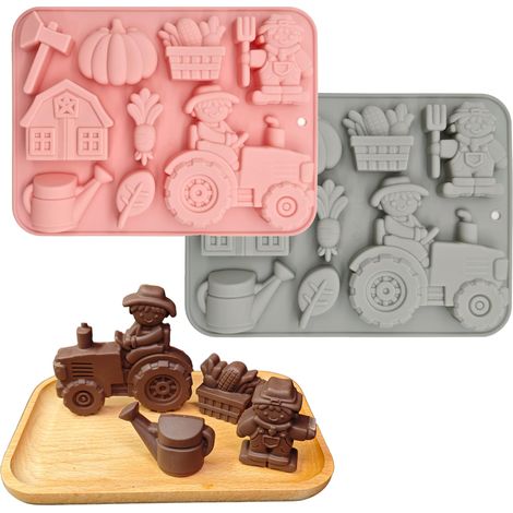 Moule Silicone 3D Tracteur 2Pcs Moule À Gâteau En Forme De Tracteur Moule À Chocolat Tracteur 3D Antiadhésif Moule En Silicone pour Chocolat Cookie Fondant Glaçons (Ferme, 20.8x15.7x2.1cm) (1/5)