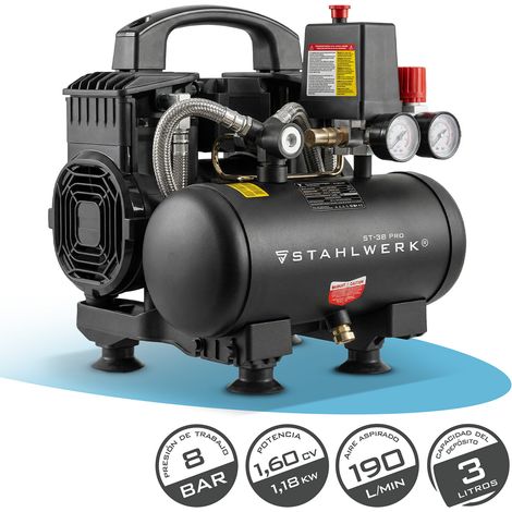 STAHLWERK Compresor con tanque de 3 L (ST-38 Pro) – sin aceite y silencioso, 8 bar, compresor de aire con motores sin escobillas, 1,60 CV, 1,18 kW, 190 l/min, compresor de pistón silencioso (1/5)