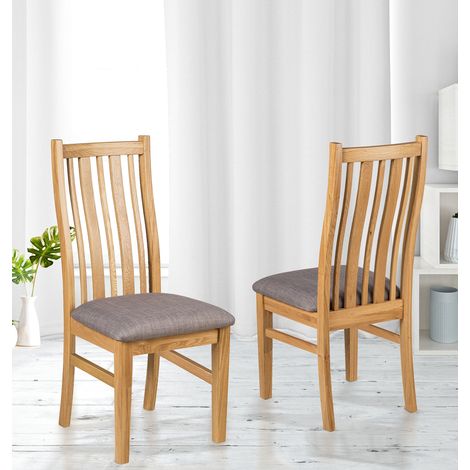 Hallowood Furniture Oak Dining Chairs Set of 2 with Linen Fabric Seat Pad, Stylish Solid Wooden Light Oak Kitchen Dining Room Chairs in Steel Grey Seat for Home and Restaurant (1/5)