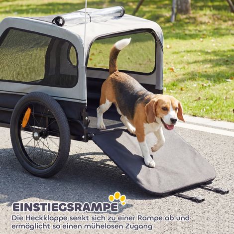Remorque vélo pliable pour chiens moyens jusqu'à 20kg, rampe rabattable, réflecteurs, laisse et drapeau gris (1/5)