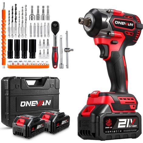 ONEVAN Clé à chocs sans fil 21V, Couple 600N.m, 3 vitesses, Deux batteries 4,0 Ah et 31 accessoires - en boîte (1/5)