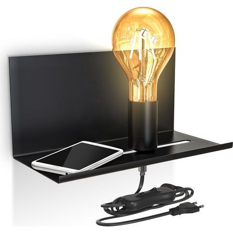Applique murale réglable luminaire mural rétro lampe de chevet avec étagère interrupteur finition noire matte (1/5)