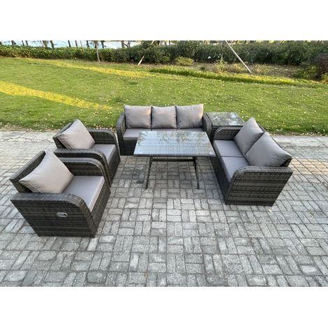 Fimous 7-Sitzer Hoher Rücken Polyrattan Sofa Set Gartenmöbel Esstisch Set mit Liegestühle 3-Sitzer Sofa Love Sofa Beistelltisch (1/5)