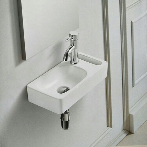 Rue Du Bain – Lave main suspendu céramique blanc 44x22 cm – Porte serviette à droite – Vasque sans trop plein – Plage de robinetterie percée à droite (1/2)